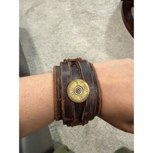 Unbranded Distressed Brown Leather Wide Cuff Bracelet 12 Gauge Shotgun Shell